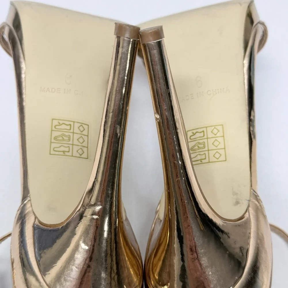 PrettyLittleThing Rose Gold Metallic Ankle Strap Stiletto Platform Sandals Sz 6